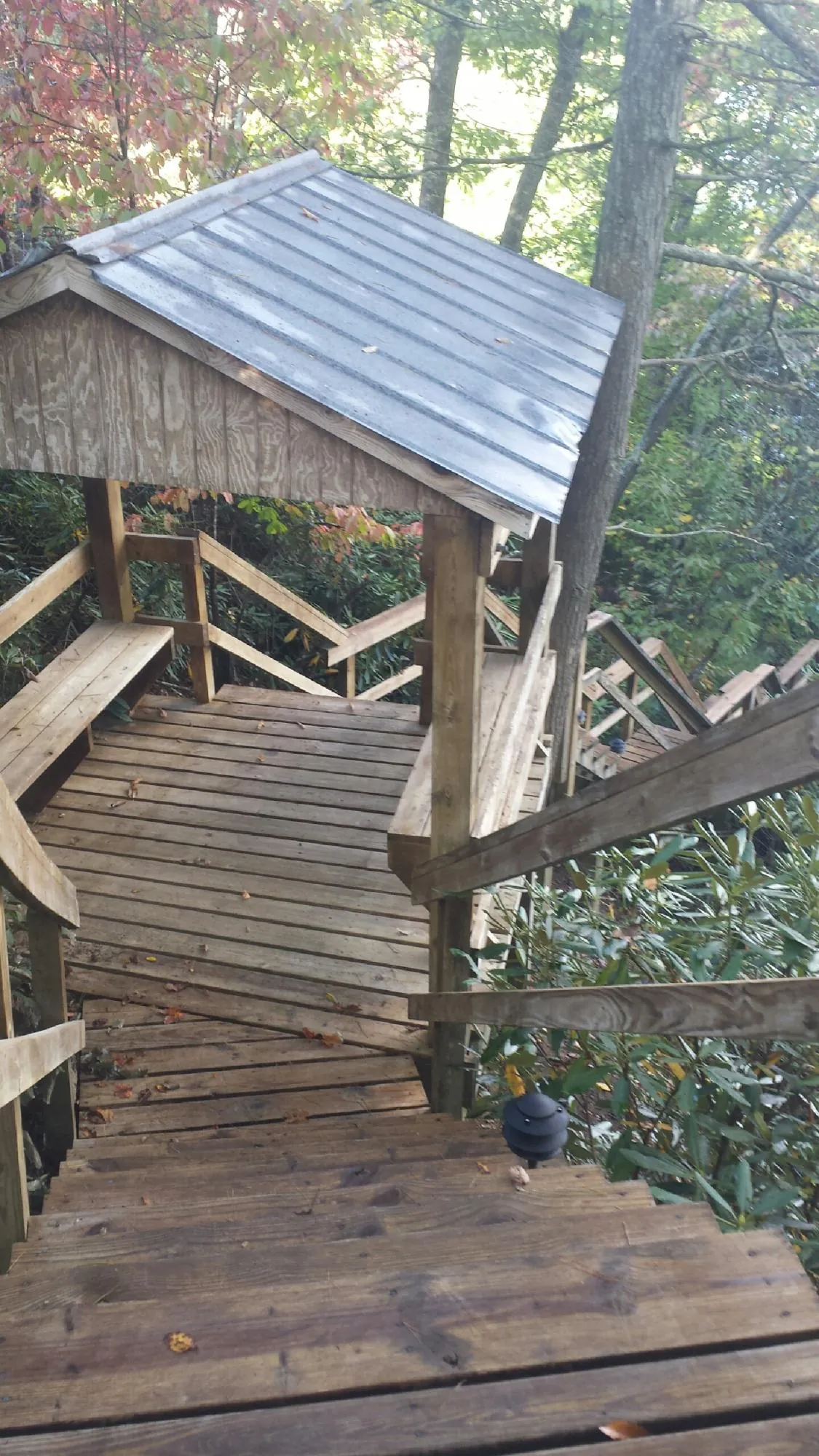 Metal roofed shelter over wooden steps on a wooded walkway — Skylight Repair & Installation work by our crew in Rushsylvania